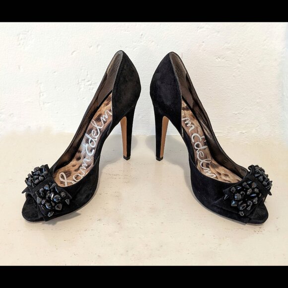 Sam Edelman Studded Jeweled Suede Lorna D’Orsay Platform Stiletto Heels Sz 8.5 - Picture 1 of 15
